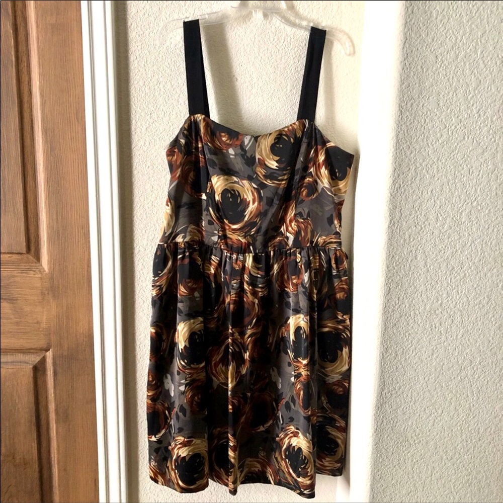 Kensie Fit Flare Dress Boho Size 10 Stretch Floral Strap Zip Brown Black